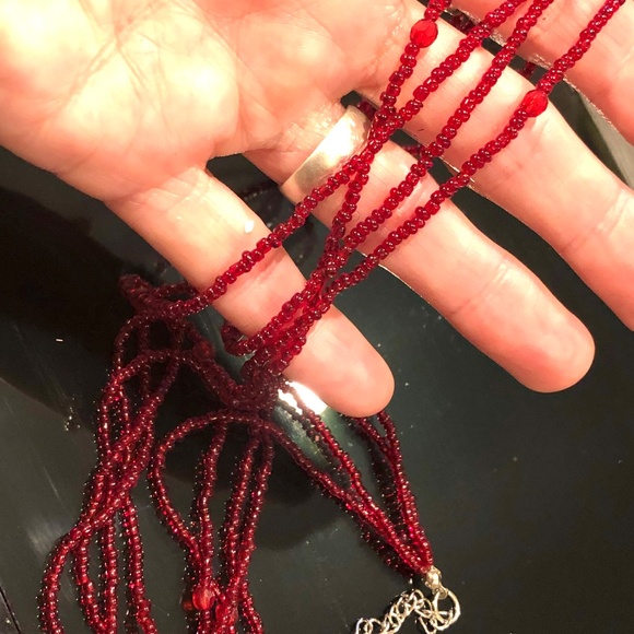 3/$32 VTG 80s Boho Cherry Red 4 Strand Glass Seed Beaded Necklace/Silver Clasp - Picture 6 of 9